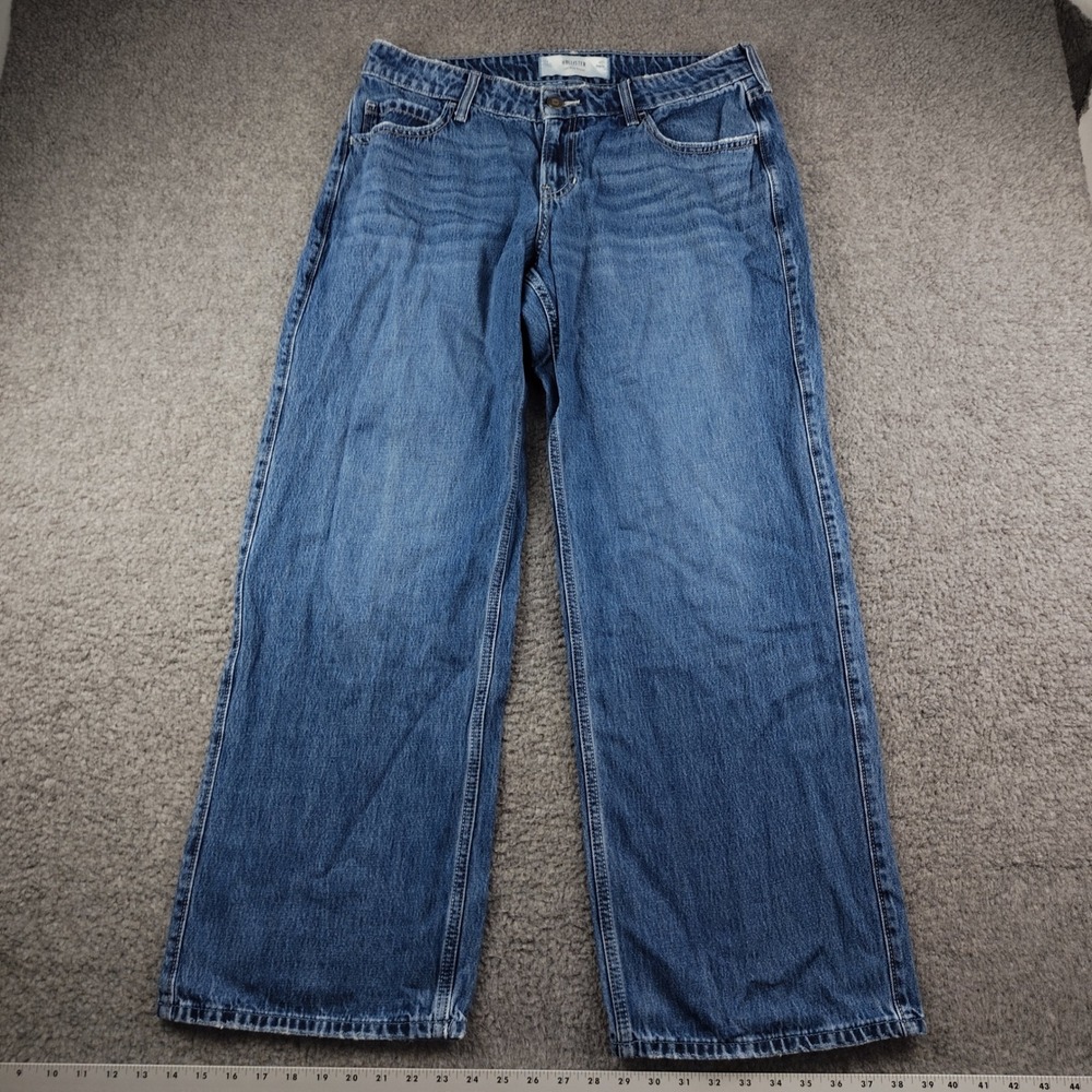 Hollister Low Rise Baggy Jeans Womens 12R 34x31 Blue Wide Leg Cotton Y2K